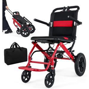 World's Lightest Transport Wheelchairs, 12'' Large Honeycomb Terrain Tire, Travel Wheelchairs with Telescopic Handle, Aluminum Wheelchair Support 220lbs, Lightweight Wheelchair with Travel Bag