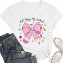 100 Days of School Shirt for Women-Happy 100th Days T-Shirt-Bow Pencil Teacher Top Tee Back to School Teaching Life Tee White, XL 
