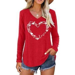 Boikukx Valentine V Neck Shirt for Women Cute Love Heart Long Sleeve Casual Tee Tops S Red