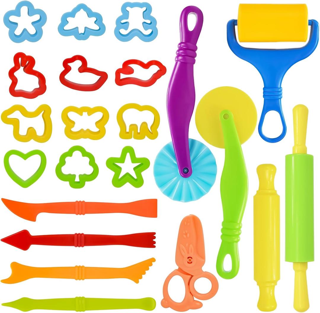 Dough Tool Set, 22 Pcs Dough Tools Sets for Kids Ages 4-8, Dough Accessories Includes Cutters Roller, Rolling Pins, Safety Scissors, Plastic Knife, Animal Shapes Cutters