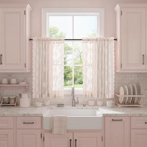 Blush Pink Lace Curtains 36 Inch Length, 2 Panels, W42 x L36 Inch Each, Country Rustic Floral Coquette Lace Cafe Curtains for Kitchen Window, Rod Pocket Privacy Short Sheer Curtain for Small Windows