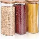 Glass Storage Jars Set of 3, Clear Glass Food Storage Containers with Airtight Bamboo Lid Stackable Kitchen Canisters for Candy, Cookie, Rice, Sugar, Flour, Pasta(Flat)