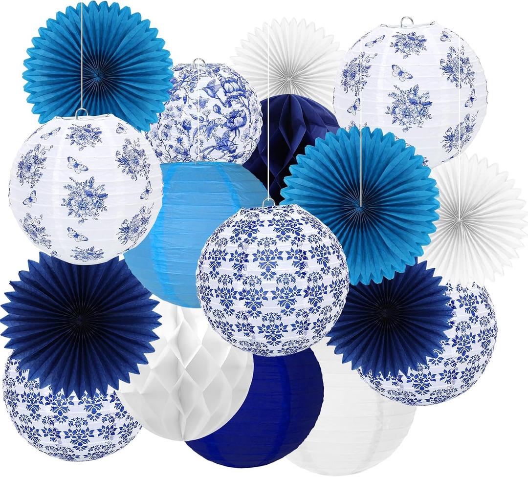 JarThenaAMCS 18Pcs Blue and White Paper Lantern Set 8 Inch Chinoiserie Porcelain Flower Hanging Lantern with 12 Inch Honeycomb Ball Paper Fan for Birthday Wedding Baby Shower Party Decor