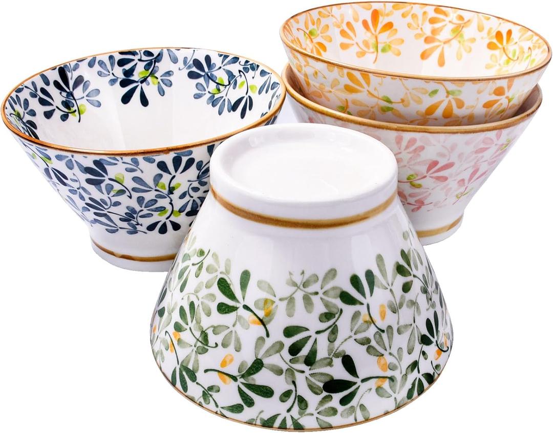 14.5oz Japanese Ceramic Bowls Set of 4, Hand-Painted Leaf Pattern Porcelain Rice Bowls with Vintage Gold Rim, Small Noodle & Soup Bowls for Asian Cuisine, Microwave & Dishwasher Safe, 4 Colors