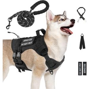No Pull Tactical Dogs Harness, Escape Proof Molle Dog Vest Harness and Leash Set, Adjustable Military Service Dog Harness with Handle for Medium Large Dogs(Black, M)