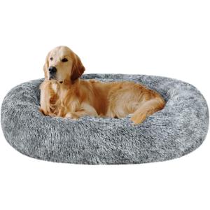 Coohom Oval Calming Donut Cuddler Dog Bed,Shag Faux Fur Cat Bed Washable Round Pillow Pet Bed(30"/36"/43") for Small Medium Dogs (XL(36"x27"x7"), Grey)