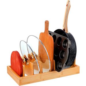 Oqqlin Wooden Pot and Pan Organizer, Pot Lid Holder with 7 Adjustable Dividers Pan Organizers Inside Cabinet Pans Organizer Under Cabinet for Pots, Pans, Baking Sheets, Cutting Boards, Dinner Plates