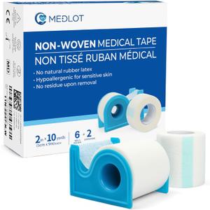 LotFancy Medical Tape, 6Rolls 2inch x 10Yards, Adhesive Hypoallergenic Surgical Paper Tapes, Wound First Aid Tape, 2 Dispensers Included