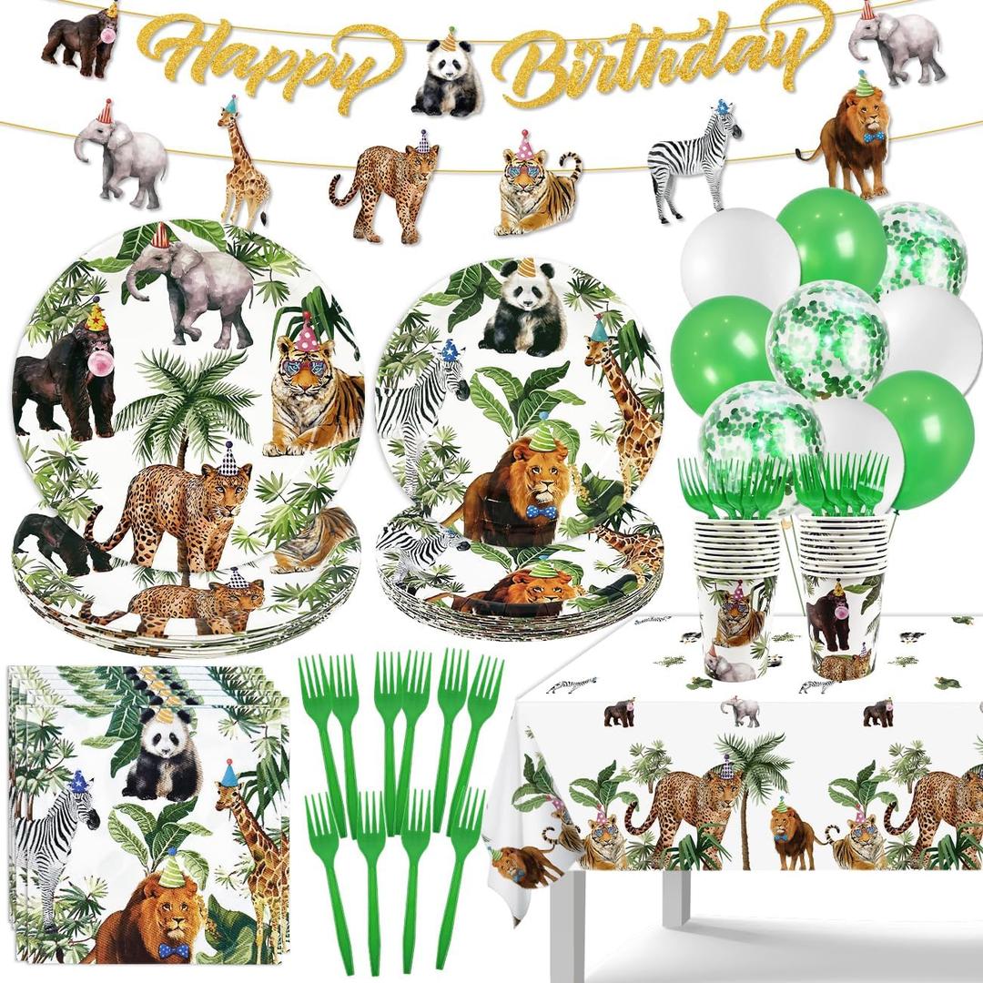 Jungle Theme Safari Birthday Party Decorations, Wild Animal Plates and Napkins for Boy Kids Jungle Dinnerware with Cups Tablecloth Banner and Balloons for Zoo Theme Birthday Decorations,Serve 20