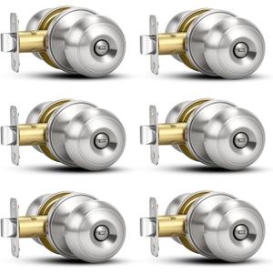 Plustool 6 Pack Brushed Nickel Door Knobs,Privacy Door Knob with Lock, Interior Doorknobs Silver, Keyless Door Locks Set for Bedrooms Bathrooms, Reversible for Left/Right Door Handle
