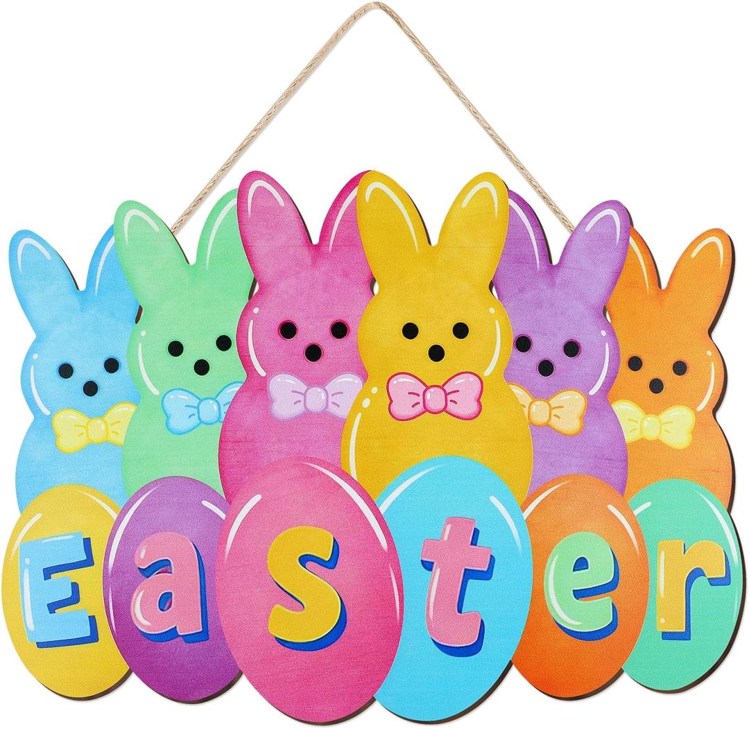 11.8inch Wooden Bunny Easter Door Wreath Wood Bunny Hanging Sign Decoration Spring Easter Eggs Wooden Wreath for Front Door Sign Home Farmhouse Party Indoor Outdoor Porch Wall Decor