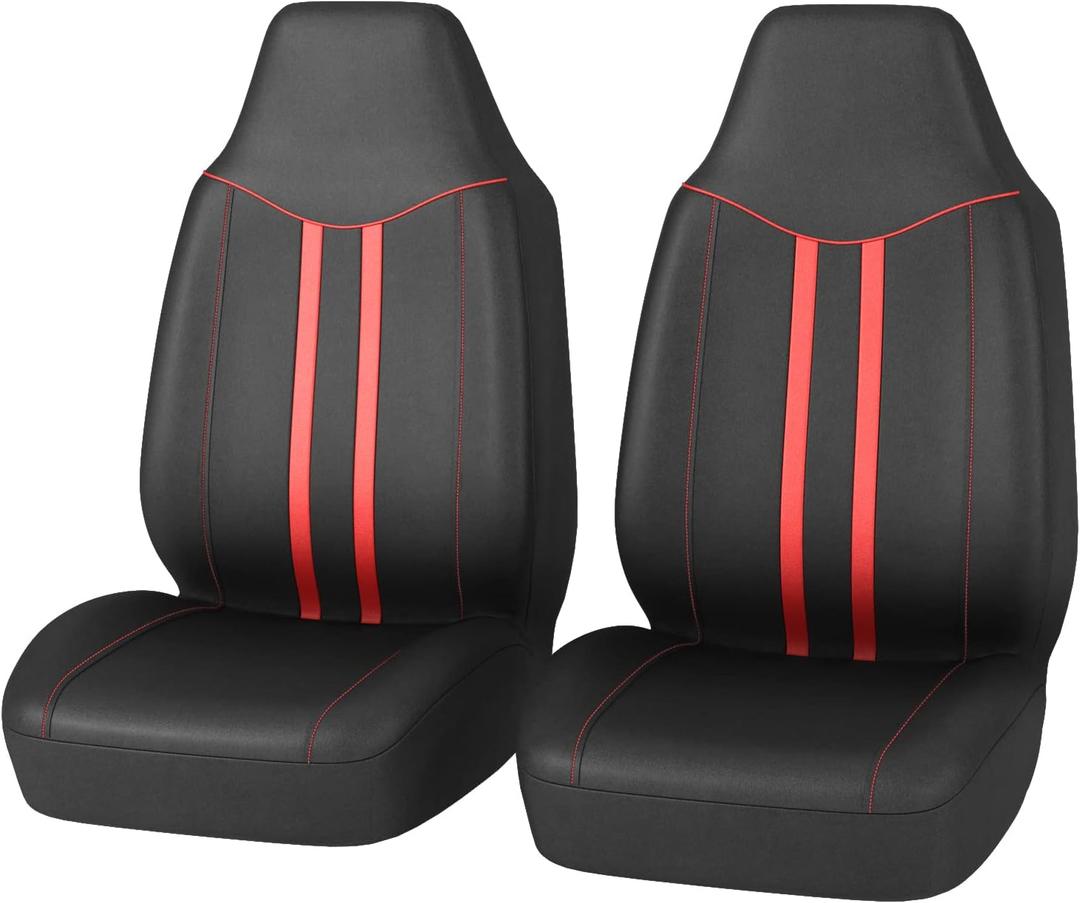 CAR-GRAND Piping Cloth Front Car Seat Covers, Breathable High Back Front Seat Covers, Airbag Compatible Seat Cover for Cars Trucks SUV Van Sedan (Piping Bucket Seat Covers,Black and Red)