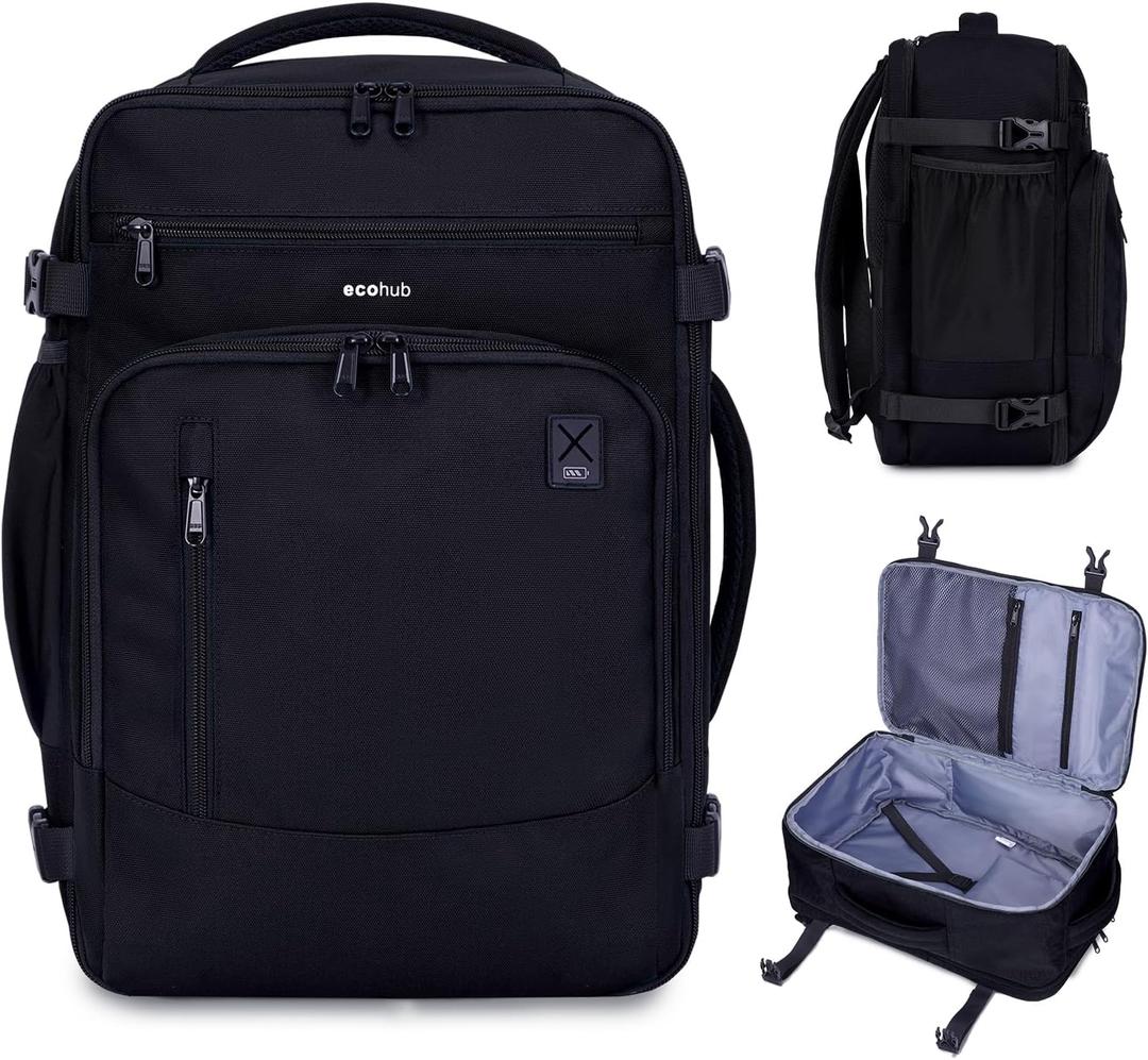 ECOHUB 17" Small Travel Backpack, United Airlines Personal Item Bag 17x10x9 with 16 Pockets, Water Resistant Rucksacks Fit 15.6" Laptop, AirTag Pocket, Lightweight Casual Daypack, 25L, Black