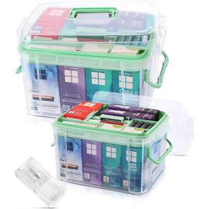 Medicine Organizer Storage Box with Pill Splitter,2 Pack Clear Portable Medicine Cabinet Organizer,Multipurpose Medicine Box with Lids,Trays,Labels,Handle,Empty First Aid Kit for Home,Travel