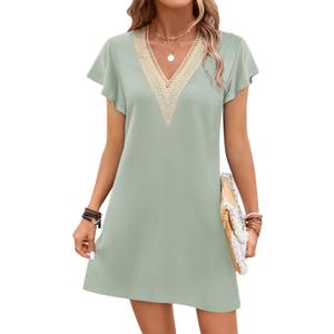Ekouaer Nightgowns for Women Flare Short Sleeve Sleepshirt Guipure Lace V Neck Sleepwear Soft Pj Dress Night Shirt (Small, Light Green)