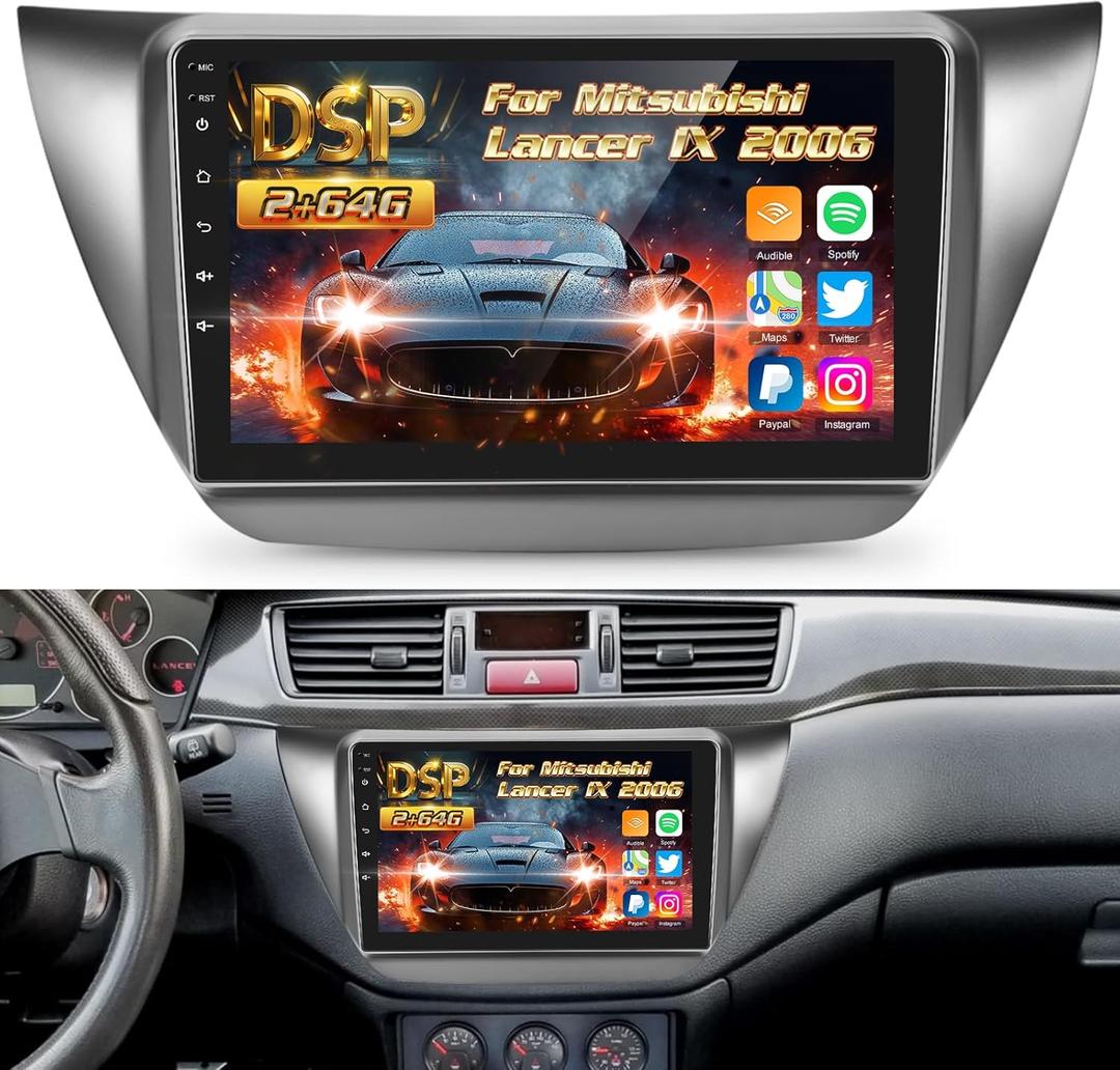 NHOPEEW [2+64G] Android Stereo for Mitsubishi Lancer 9 IX 2000-2007 - 9 inch Touchscreen Aftermarket Radio - Wireless Carplay & Android Auto, DSP, WiFi, GPS, SWC + Backup Camera + Accessories
