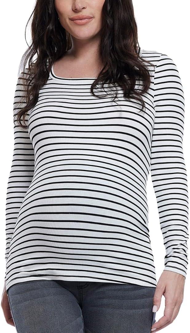 Motherhood Maternity Women's Long Sleeve Square Neck Ribbed Pregnancy T-Shirt, Large