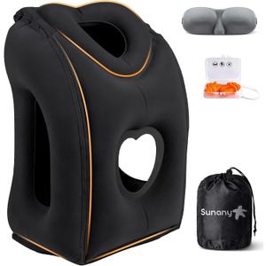 Sunany Travel Pillow, Upgraded Plane Pillow for Long Flights, Inflatable Neck Pillow Used for Airplanes, Cars, Buses, Trains, Office Napping with Eye Mask, Earplugs (Black) (Medium, Black (Head Heart-shape & sloping Base))