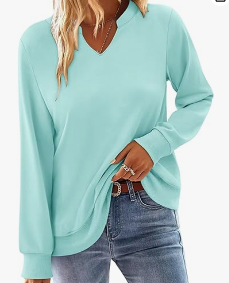 StunShow Women Sweatshirts Long Sleeve Shirts V Neck Casual Cute Loose Fit Lightweight Pullover Tops (Small, Light Jade)