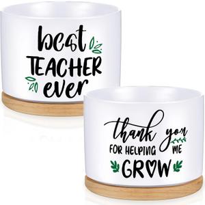 Newtay 2 Pcs Teachers Appreciation Gift Thank You for Helping Me Grow Gifts Ceramic Succulent Pots Graduation White Flower Teacher Planter Pot with Bamboo Tray Succulent Accessories