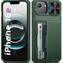 BXYJY for iPhone 16e Wallet Case, Builtin Credit Card Holder (45 Cards), RFID Block, Slide Camera Cover, Military Protection, Rugged Heavy Duty Women Men Protective Phone Case for iPhone16 E, Green