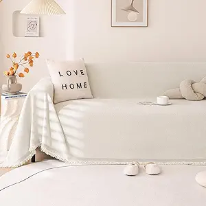 VClife Beige Couch Covers Boho Sofa Cover, Chenille Couch Covers for 2 Cushion Couch Sectional Sofa Cover for Loveseat, Washable Sofa Slipover Dog Cat Couch Cushion Cover with Tassel, 71"X118"