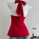 MakeMeChic Women's Summer Y2K Rhinestone Floral Halter Top Flared Hem Tie Back Peplum Tops (L)