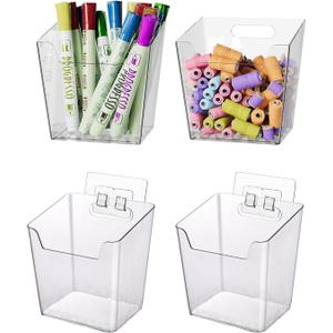 Clear Adhesive Wall Storage Bins, 4 Pack Cabinet Door Organizer Holders, Hanging Wall Mount Pockets, Plastic Cups for Shower Bathroom Makeup Office Craft Remote Kitchen Sink RV Organization (Small)