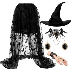 Halloween Witch Costume for Women Steampunk Lace Skirt with Hat Necklace Bracelet Earrings Cosplay Set (Small)
