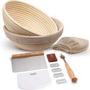 Kook Banneton Bread Proofing Set, Artisan Sourdough Bread Making Kit, 9 Inch Handwoven Rattan Baskets and Liners, Metal & Plastic Dough Scrapers, Scoring Lame & Case, 4 Extra Blades, Set of 2, Round