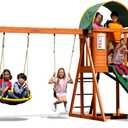 Sportspower Amelia Heavy Duty Wooden A-Frame Swing Set: Saucer + Adjustable Swing, 6ft Blow Molded Slide, Play Fort/Rock Climb Wall + Sandbox, EXCEEDS ASTM Safety Standards*Bonus Anchor Kit*