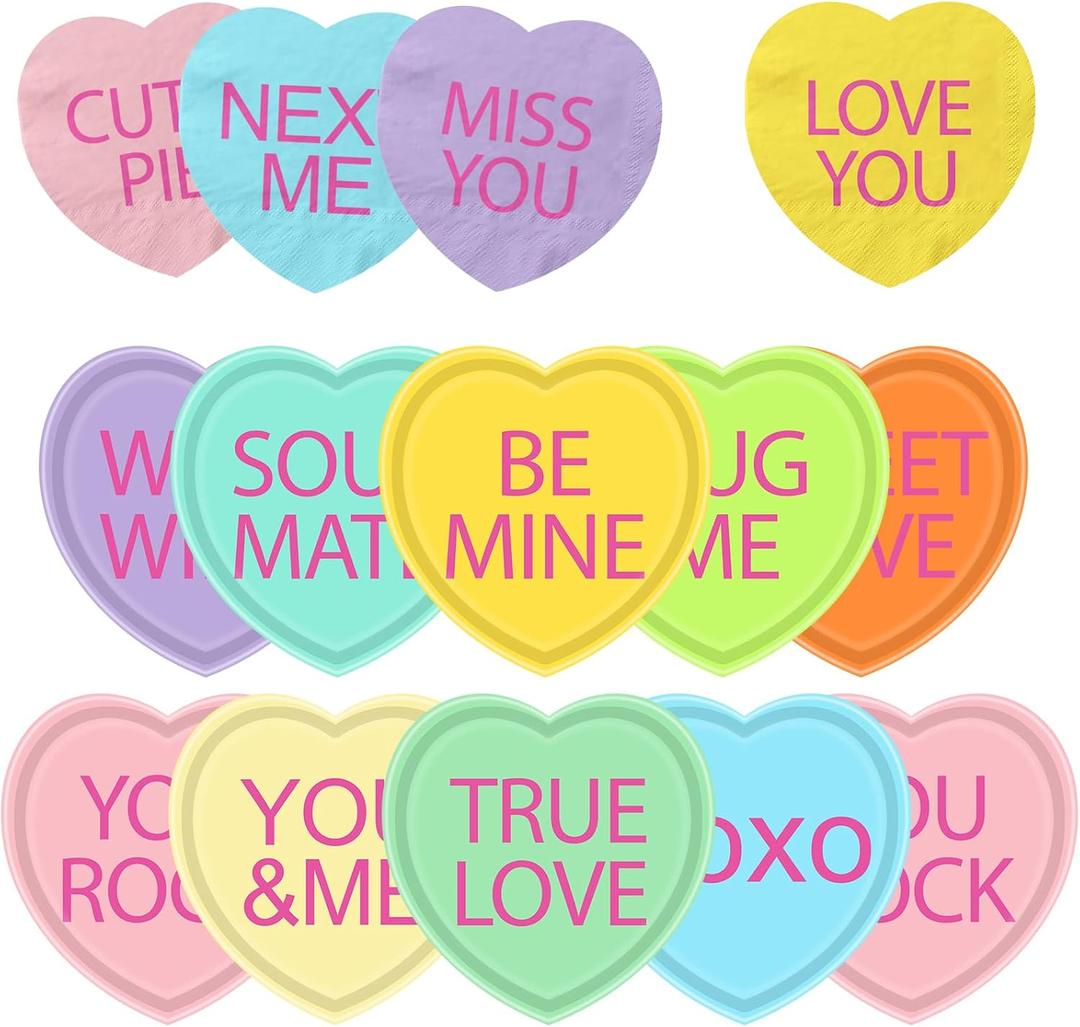 HAKOTI Valentines Day Paper Plates Supplies Conversation Heart Tableware,40Pcs Heart Shaped Plates and Napkins