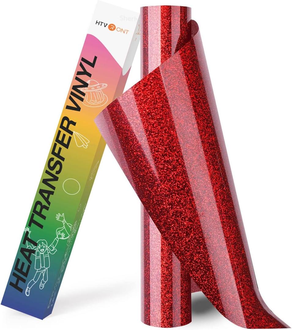HTVRONT Red Glitter HTV Vinyl Roll - 10" x 8ft Red Glitter Iron on Vinyl for All Cutting Machine, Glitter Heat Transfer Vinyl for T Shirts - Easy to Cut & Weed & Transfer