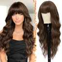BARSDAR Long Wavy Light Chocolate Brown Wig With Bangs - 26 Inch Long Wavy Brown Wig with Bangs for Women - Thick Soft Synthetic Hair Replacement Wigs Natural Looking Daily Cosplay Party Halloween