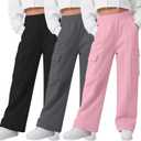 3 Pack Girls Wide Leg Sweatpants Cargo Pants High Waisted Baggy Causal Loose Kids Elastic Waistband Pants Joggers (11-12 Years, Pink, Dark Gray, Black)