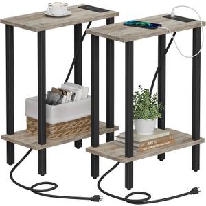 TUTOTAK Small End Table with Charging Station, Narrow Side Table with USB Ports and Outlets, Set of 2, Skinny Sofa Table, Slim Nightstand, Living Room, Bed Room, Greige TB01BG0602