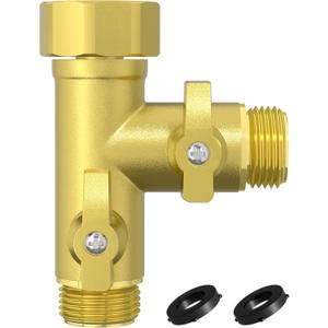 High Flow Solid Metal 2 Way  Type Garden Hose Splitter with Shut-Off Valves, 360 Degree Rotation 3/4" Spigot Faucet Connectors with 2 Extra Silicone Washers