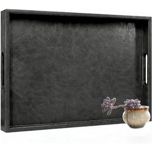 18 x 12 inches Leather Ottoman Serving Tray with Hole Handles, Rectangle Modern Service Tray for Living Room, Coffee Table, Bed, Tea, Food, Butler Countertop, Kitchen, Dinner, Picnic (Black)