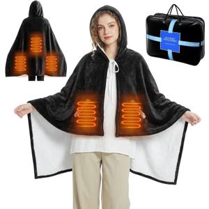 Wearable Electric Blanket with Hood and Pockets Electric Heated Wrap Shawl USB Heating Throw Blanket with Storage Bag 3 Heating Levels Setting Machine Washable for Cold Winter Warm