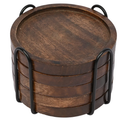SAMHITA Mango Wood Coasters for Drinks with Iron Holder Stand Set of 5 for Drinking Glasses, Tabletop Protection for Any Table Type