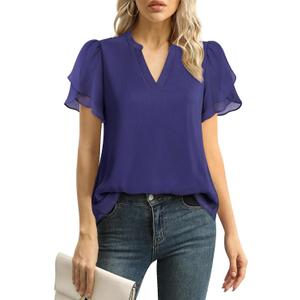 Lotusmile Womens Dressy Chiffon Blouses Summer Puff Petal Short Sleeve Shirts V Neck Casual Work Tops (X-Large, Blue)
