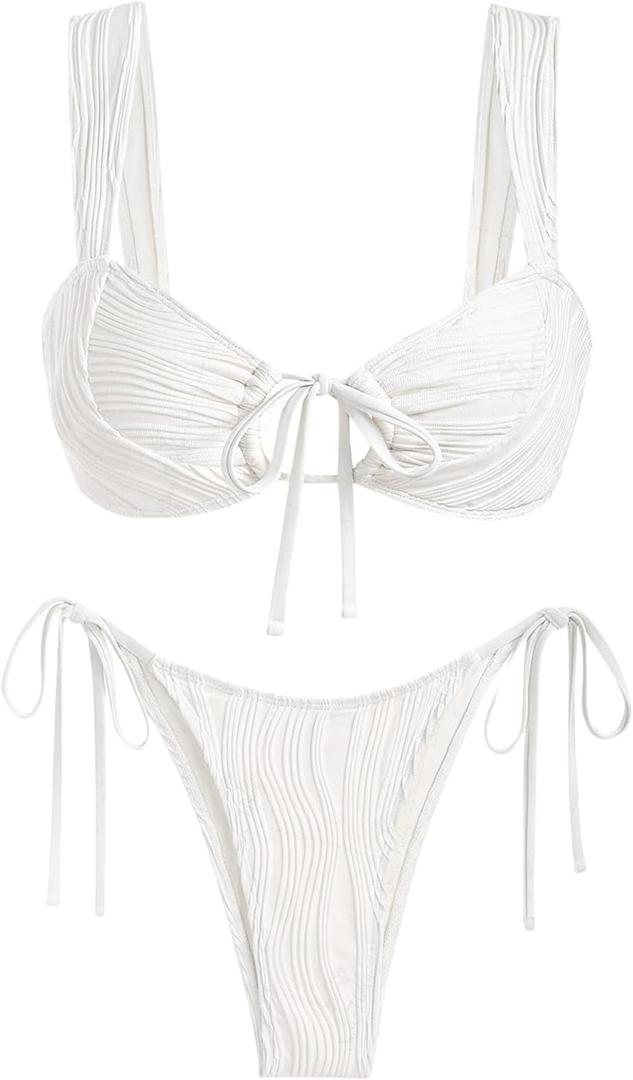 ZAFUL Women's Cinched Bikini Solid Color Wave Textured Knotted Tied Side Two Piece Swimsuit Bathing Suits (Medium, 1-white)