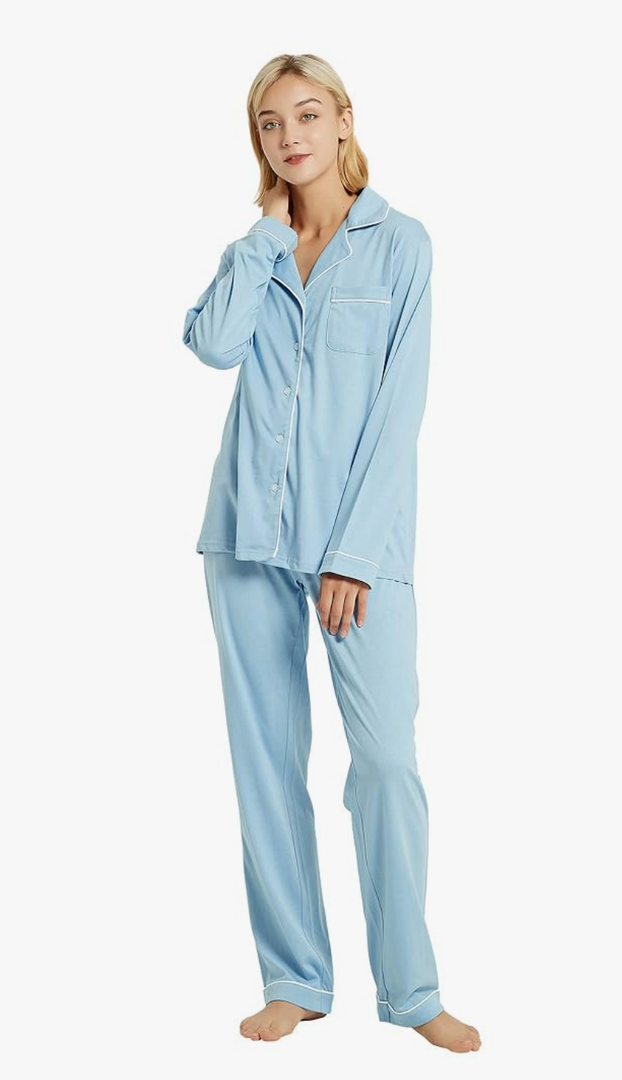 100% Cotton Pajama Set for Women Long Sleeve Womens Sleepwear Button Down NightWear Soft Pj Lounge Sets, Small