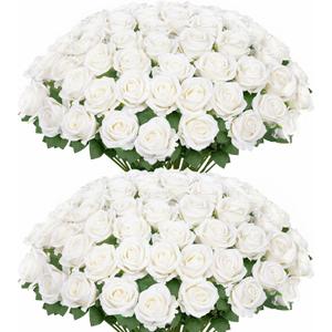 Ouddy Decor 50 Pcs Artificial White Roses Bulk Realistic Fake Silk Flowers with Long Stems for Wedding Bridal Bouquet DIY Table Centerpieces Arrangement Valentines Home Decor