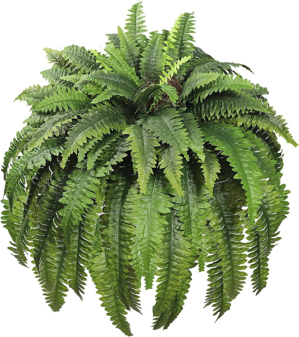 Large Artificial Ferns for Outdoor 96 Fronds Fake Boston Fern Faux Ferns Plant Silk Greenery for Indoors Home Garden Porch Windowsill Decor (1 Stem)