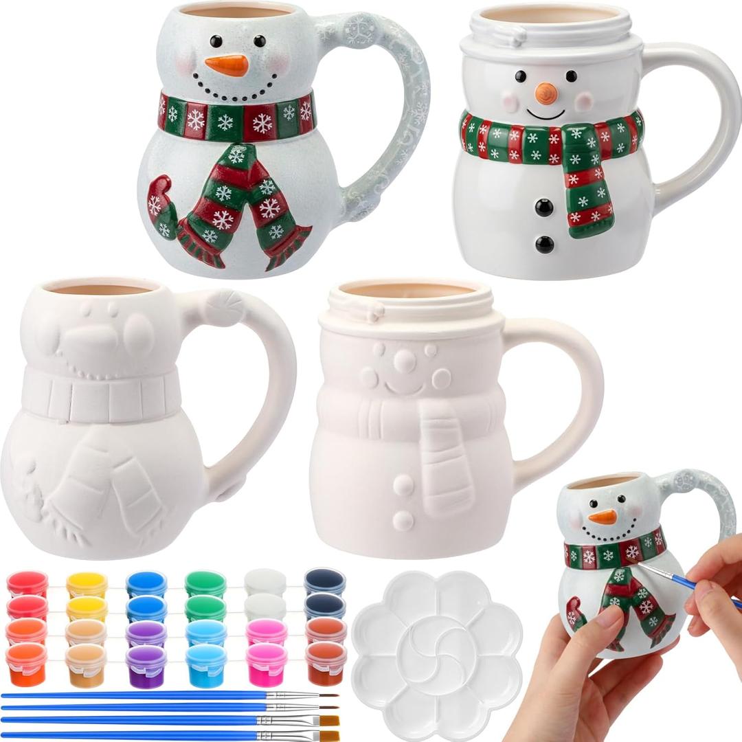 Zubebe 4 Sets Christmas Paint Your Own Mugs Craft Kit, Xmas Ceramic to Paint, Christmas Snowman DIY Mugs for Adults, Festive Coffee Tea Cup with Painting Set for Family Xmas Craft Office Gift
