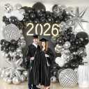 Black Silver Balloons Arch Garland Kit, Black Silver White Balloons Disco Ball Balloons Arch for Disco Party Christmas 2026 New Year's Eve Birthday Graduation Anniversary Decorations