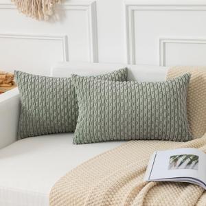 Kevin Textile Throw Pillow Covers Soft Corduroy Decorative Set of 2 Boho Striped Pillow Covers Pillowcases Farmhouse Home Decor for Couch Bed Sofa Living Room 12x20 Inch Greyish Green