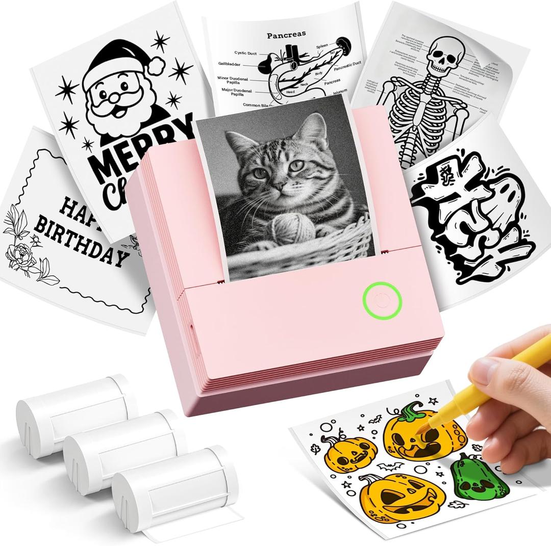 Sticker Printer, PM290C Portable Mini Printer, Inkless Bluetooth Sticker Maker with 3 Rolls Paper, Impresora Porttil for Notes, DIY, Gift, Smart AI APP, Print Pod for Office/Home, Pink