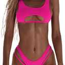 SherryDC Women's Sexy Scoop Neck Padded Cutout Strappy Thong Bikini Set Swimsuit (Medium, Pink)